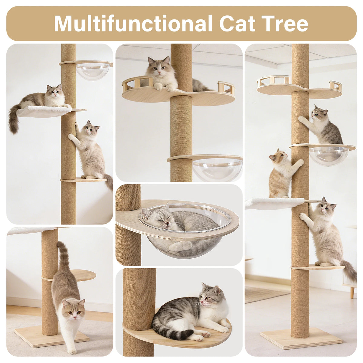 Adjustable Solid Wood Cat Tower With Hammock And Scratching Post