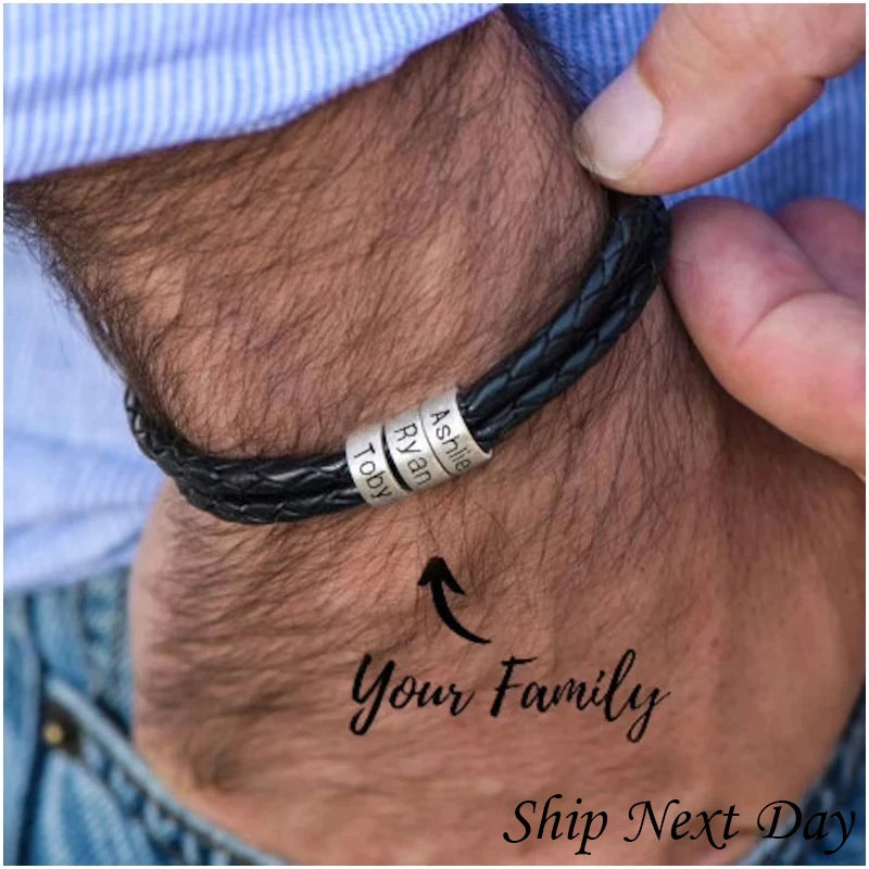 Qitian Personalized Engraved Family Name Leather Bracelet For Men